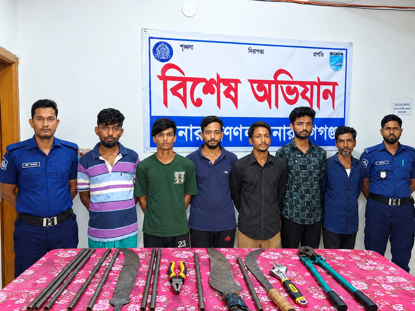 সোনারগাঁয়ে ডাকাতির প্রস্তুতিকালে ৬ জন গ্রেপ্তার, দেশীয় অস্ত্র ও সিএনজি জব্দ